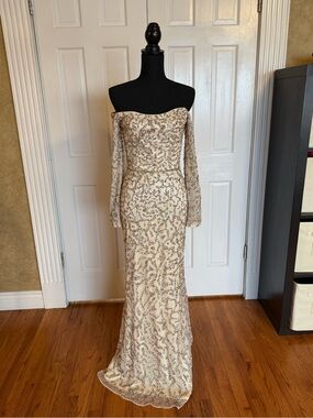 Mac Duggal Nude Off-Shoulder Beaded Long-Sleeve Gown